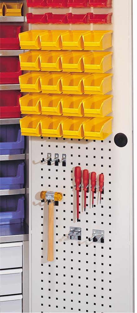 Großraumschrank, BxTxH 1100x530x1950 mm, 3 Schubladen, Kästen: 40xGr. 6 rot, -  70xGr. 5 gelb, -  21xGr. 4 rot, - 15xGr. 3z blau, - RAL 6011 resedagrün