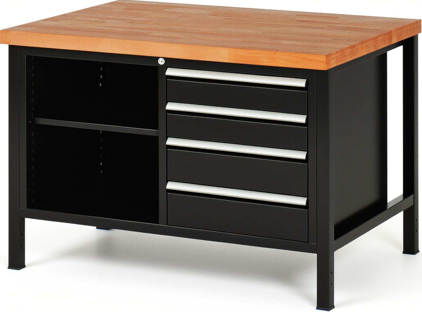 Werkbank Modell 8463 schwarz, BxTxH 1250x900x840-1040 mm,  Buche-Massiv Arbeitsplatte 40 mm,  4 Schubladen mit  Auszug 90 %