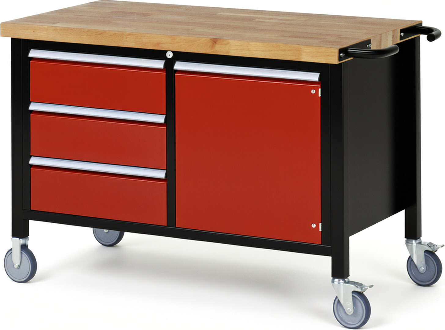 Fahrbare Werkbank Modell 8468 schwarz-rot, BxTxH 1250x700x880 mm,  Buche-Massiv Arbeitsplatte 40 mm,  3 Schubladen mit  Auszug 90 %