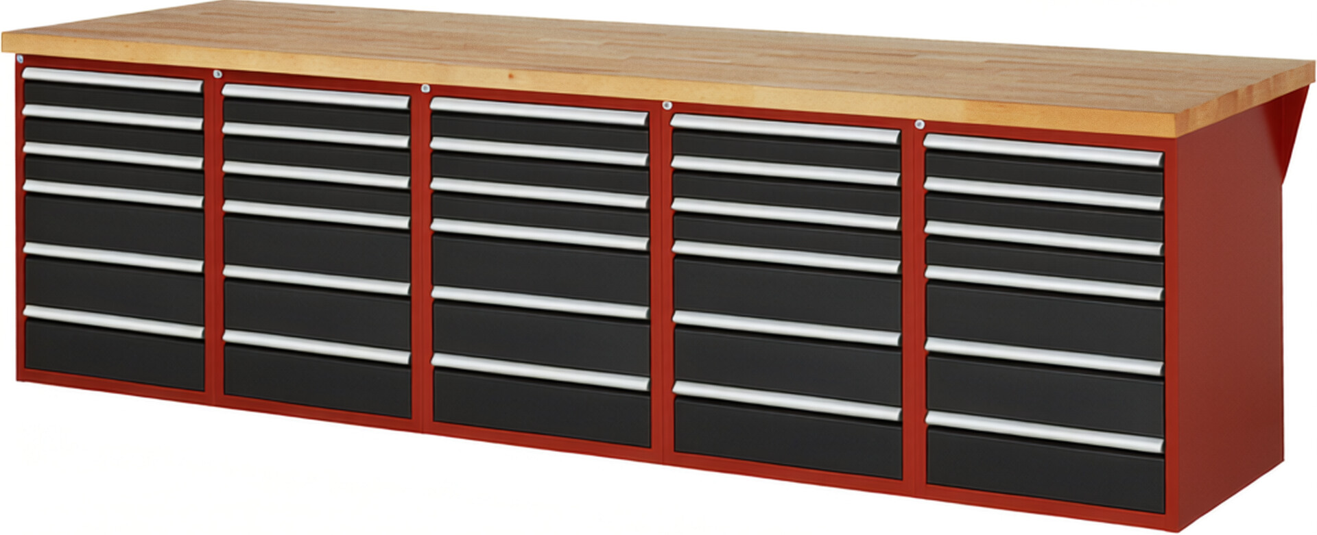 Werkbank Modell 7515 rot - schwarz, BxTxH 3000x900x890 mm,  Buche-Massiv Arbeitsplatte 40 mm,  30 Schubladen mit  Vollauszug 100 % und  SoftClosing