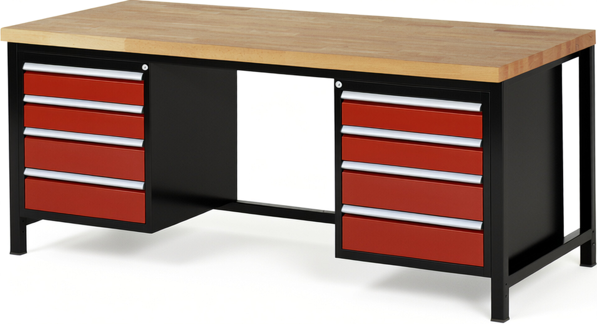 RAU Werkbank schwarz - rot - Breite 200 cm - Tiefe 90 cm - Höhe 104 cm - Buche-Massiv Arbeitsplatte 40 mm