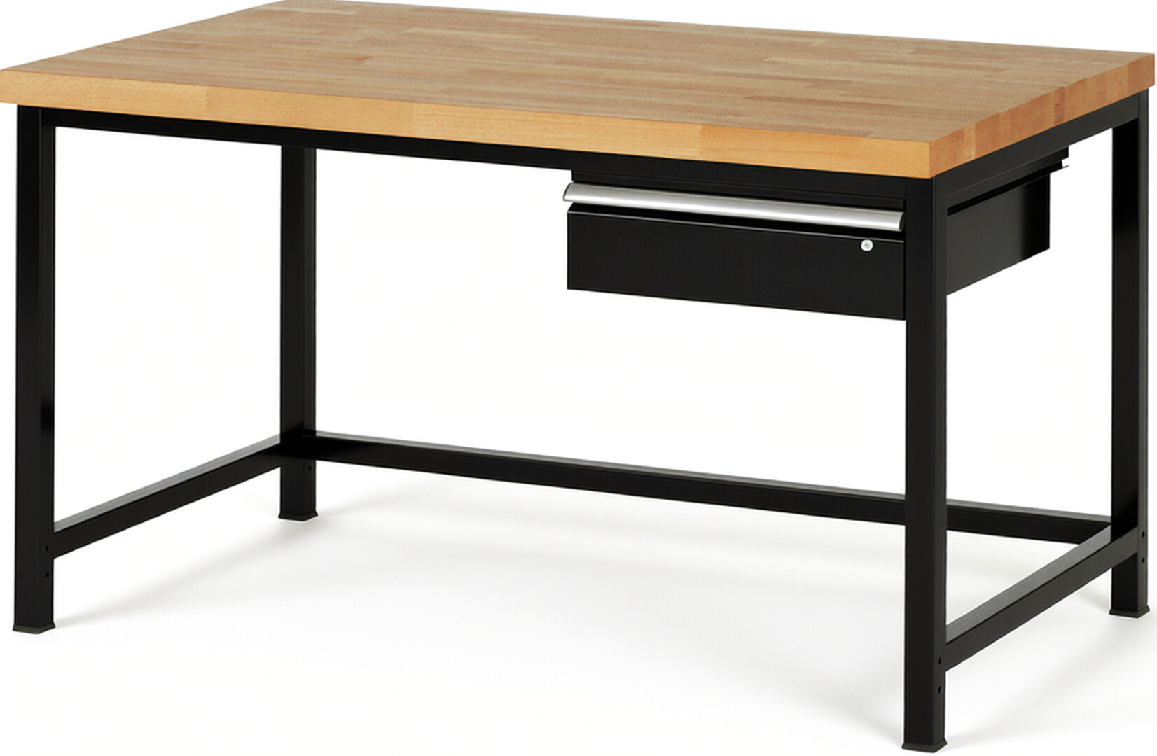 Werkbank Modell 8001 schwarz, BxTxH 1500x900x840-1040 mm,  Buche-Massiv Arbeitsplatte 40 mm,  1 Schublade mit  Auszug 90 %
