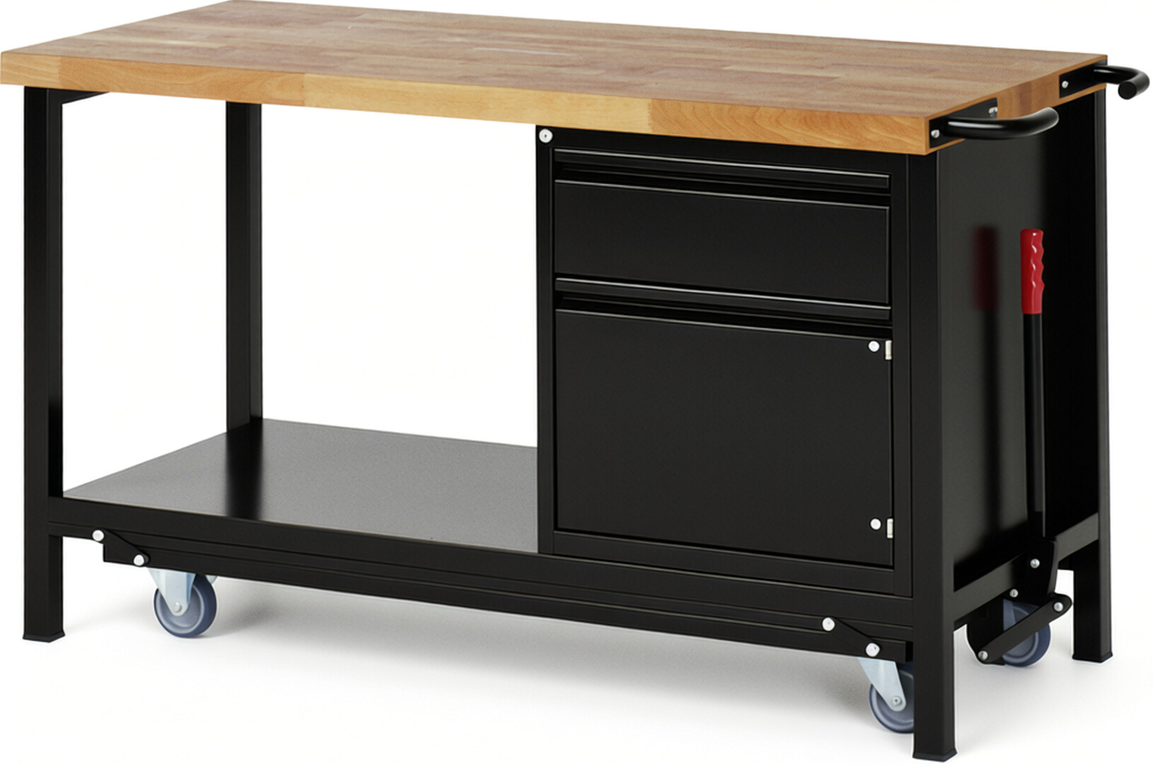 Absenkbare Werkbank - Modell 8152 BASIC schwarz, BxTxH 1500x700x880 mm,  Buche-Massiv Arbeitsplatte 40 mm,  1 Schublade mit  Auszug 90 %