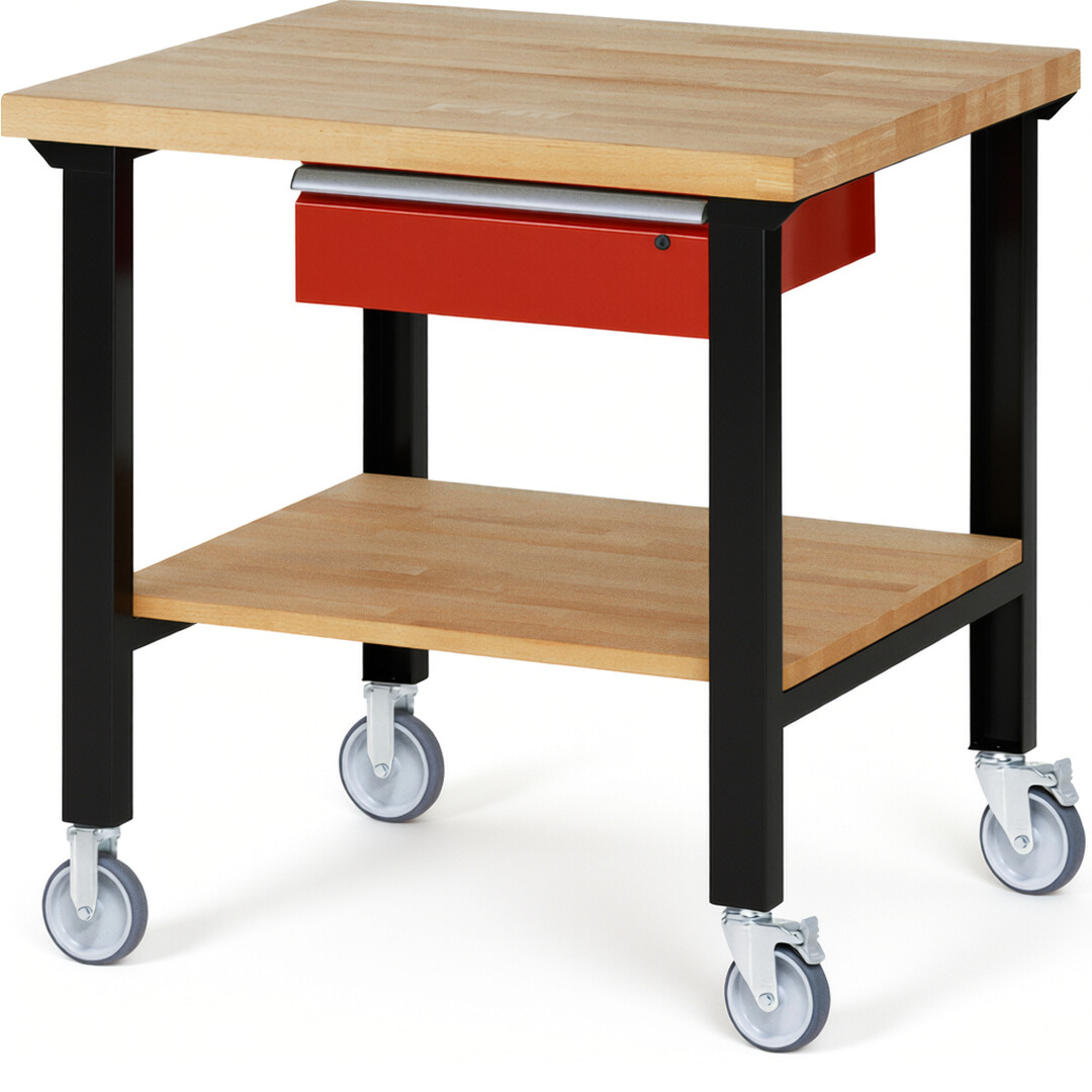 Fahrbare Werkbank Modell 7001 schwarz-rot, BxTxH 1000x900x1000 mm,  Buche-Massiv Arbeitsplatte 40 mm,  1 Schublade mit  Auszug 90 %