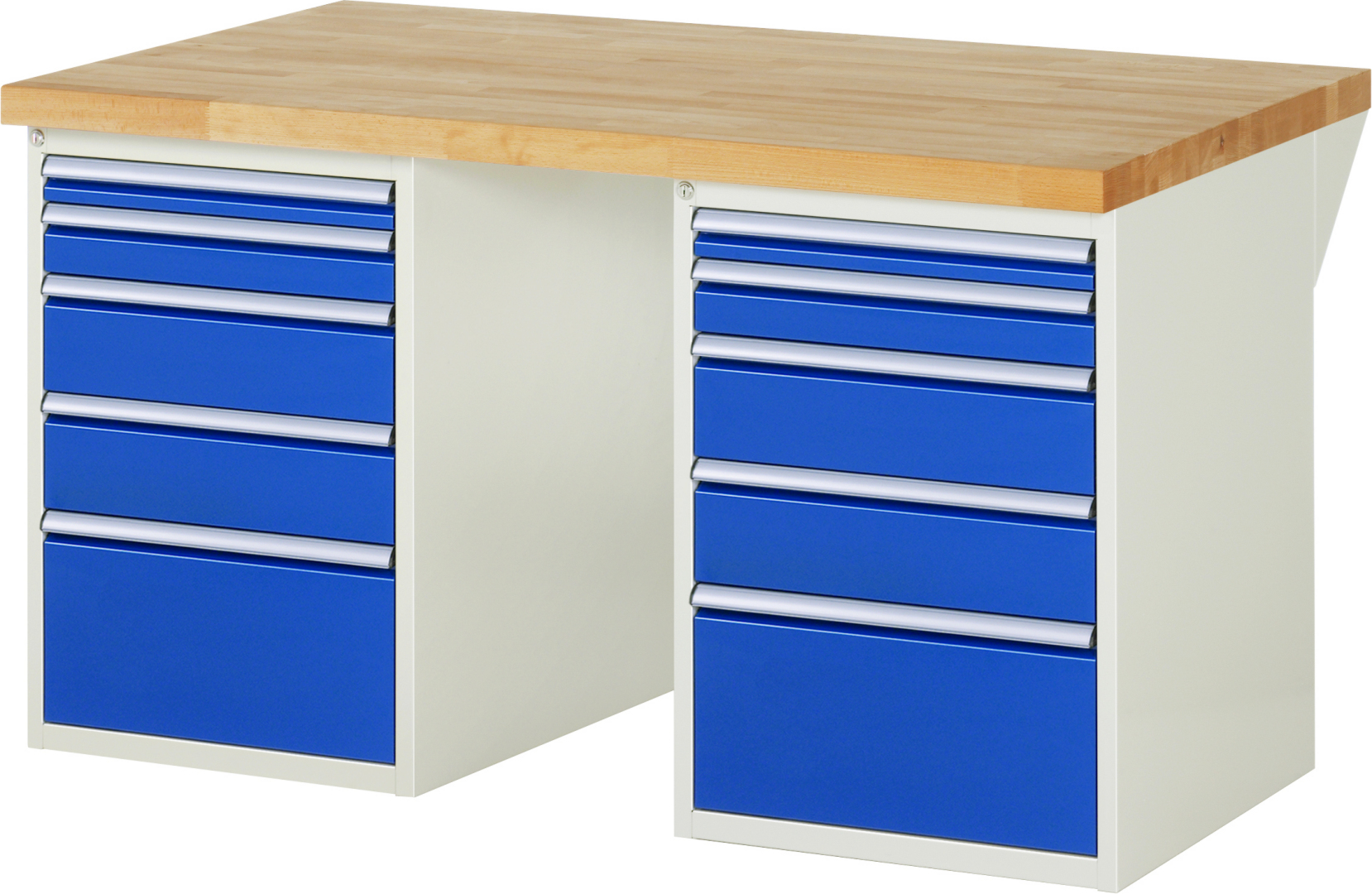 Werkbank Modell 7511,  BxTxH 1500x900x890 mm,  Buche-Massiv Arbeitsplatte 40 mm,  10 Schubladen mit  Vollauszug 100 % und  SoftClosing