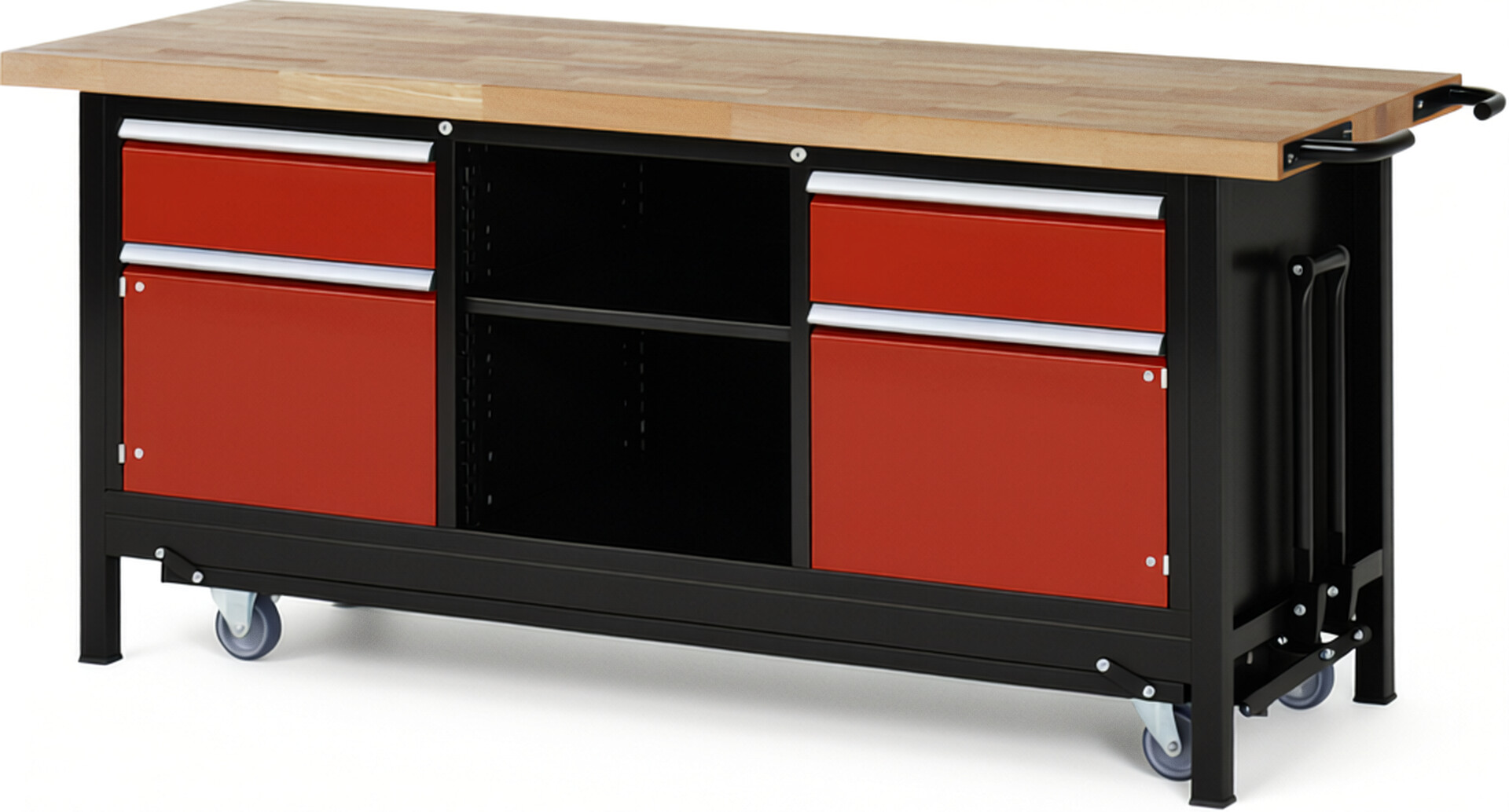 RAU Werkbank schwarz - rot - Breite 200 cm - Tiefe 70 cm - Höhe 88 cm - Buche-Massiv Arbeitsplatte 40 mm