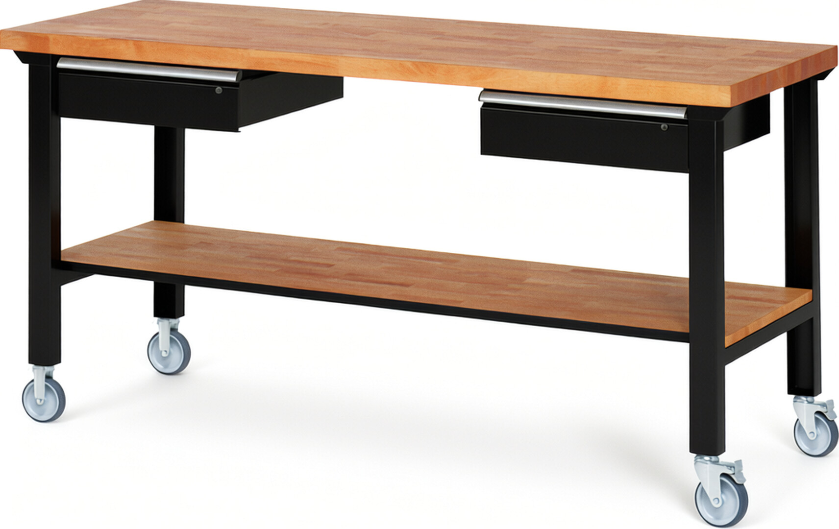 RAU Werkbank schwarz - Breite 200 cm - Tiefe 70 cm - Höhe 100 cm - Buche-Massiv Arbeitsplatte 40 mm