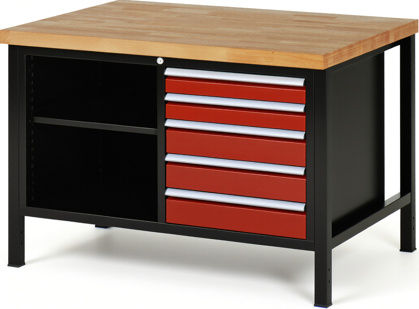 RAU Werkbank schwarz - rot - Breite 125 cm - Tiefe 90 cm - Höhe 104 cm - Buche-Massiv Arbeitsplatte 40 mm