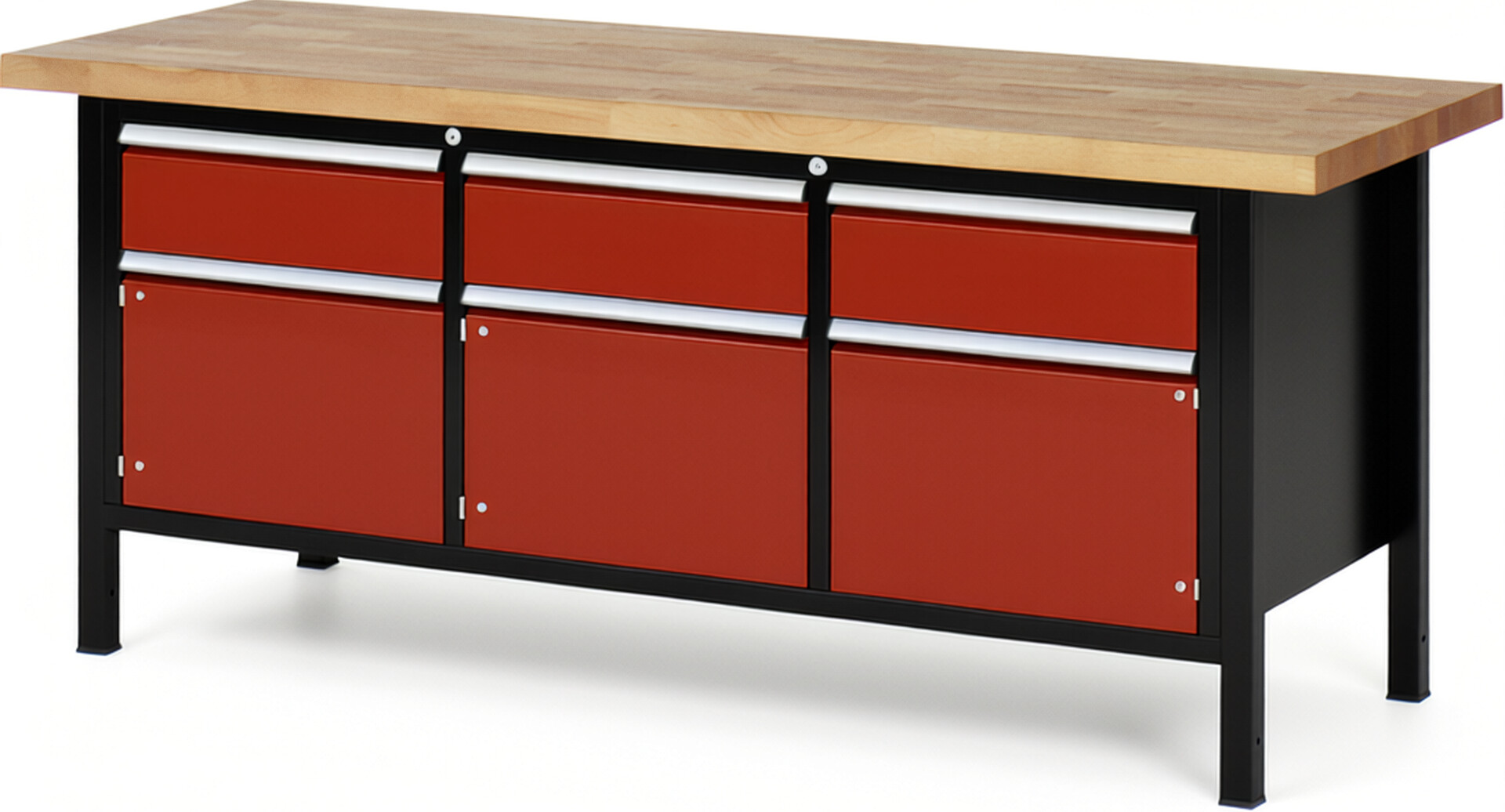 RAU Werkbank schwarz - rot - Breite 200 cm - Tiefe 70 cm - Höhe 104 cm - Buche-Massiv Arbeitsplatte 40 mm