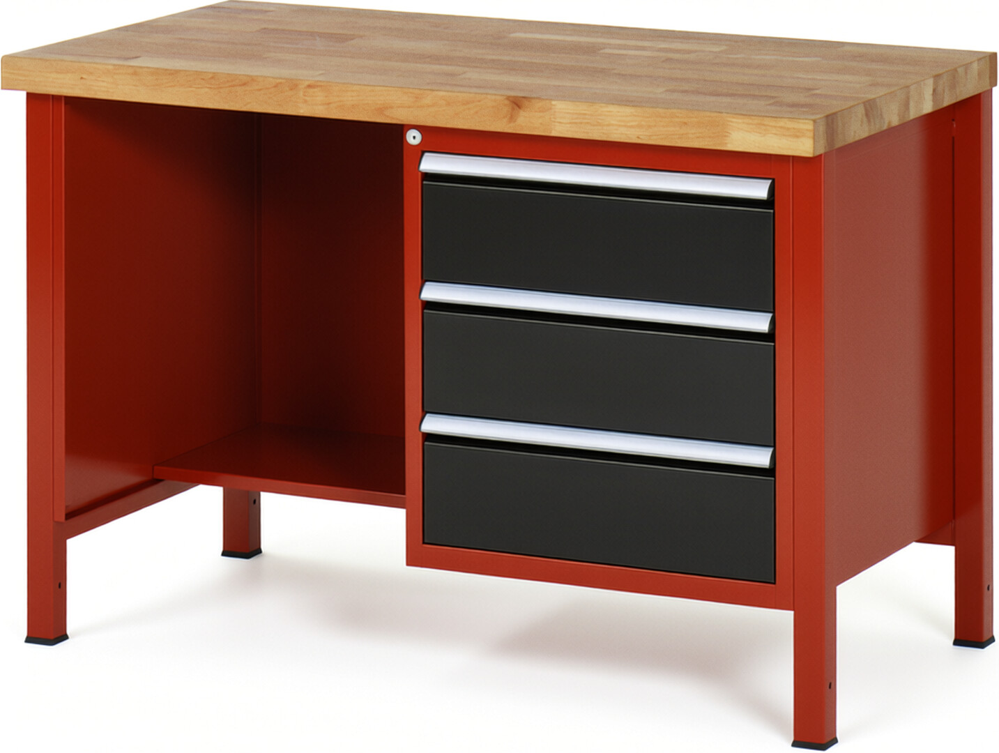 RAU Werkbank rot - schwarz - Breite 125 cm - Tiefe 70 cm - Höhe 104 cm - Buche-Massiv Arbeitsplatte 40 mm