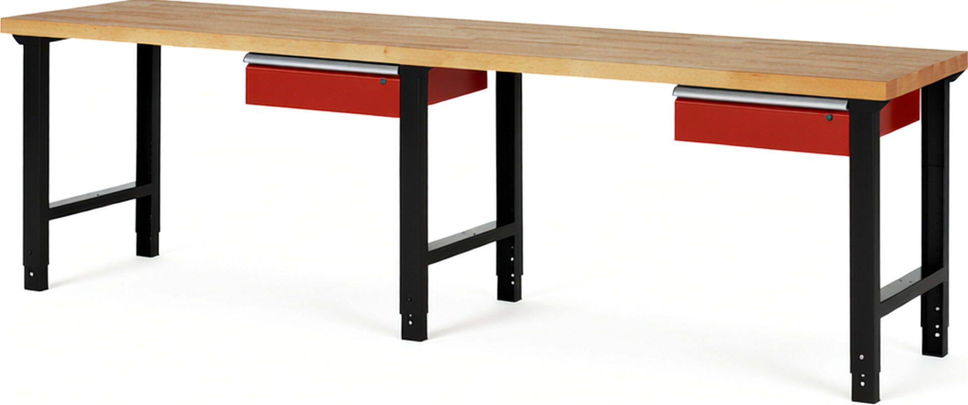RAU Werkbank schwarz - rot - Breite 300 cm - Tiefe 70 cm - Höhe 114 cm - Buche-Massiv Arbeitsplatte 40 mm