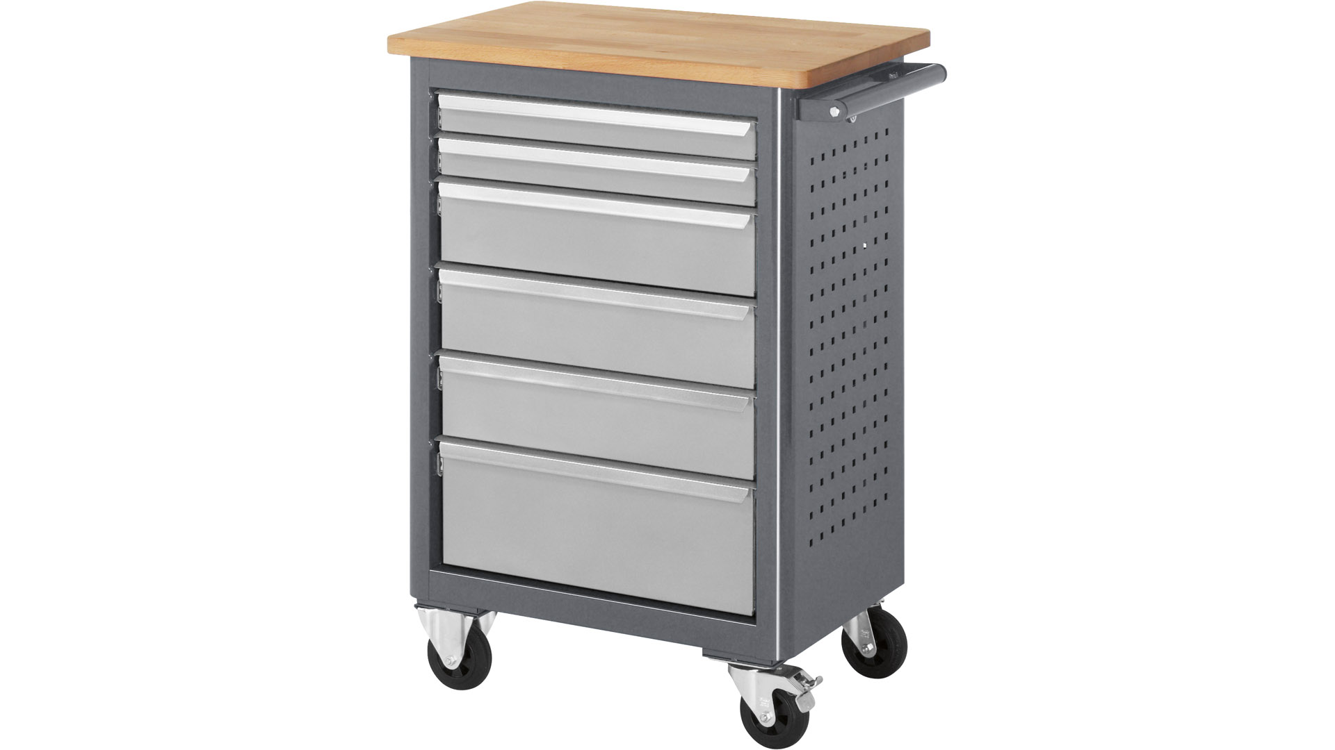 Werkstattwagen, Rollwerkbank mit Bucheplatte, 6 Schubladen: 2x65, 3x125, 1x190 mm, BxTxH 675x450x950 mm, RAL7016/RAL7035