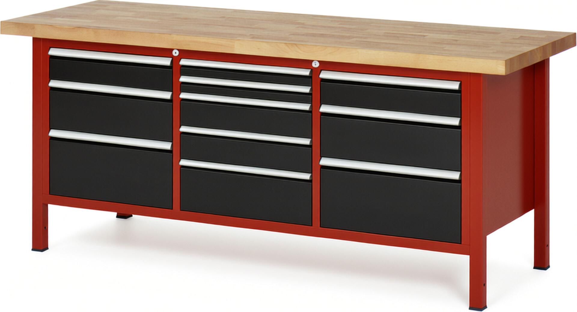 Werkbank Modell 8578 rot - schwarz, BxTxH 2000x700x840 mm,  Buche-Massiv Arbeitsplatte 40 mm,  11 Schubladen mit  Vollauszug 100 % und  SoftClosing