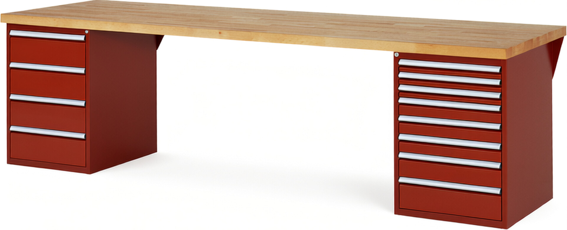 RAU Werkbank rot - Breite 300 cm - Tiefe 90 cm - Höhe 89 cm - Buche-Massiv Arbeitsplatte 40 mm