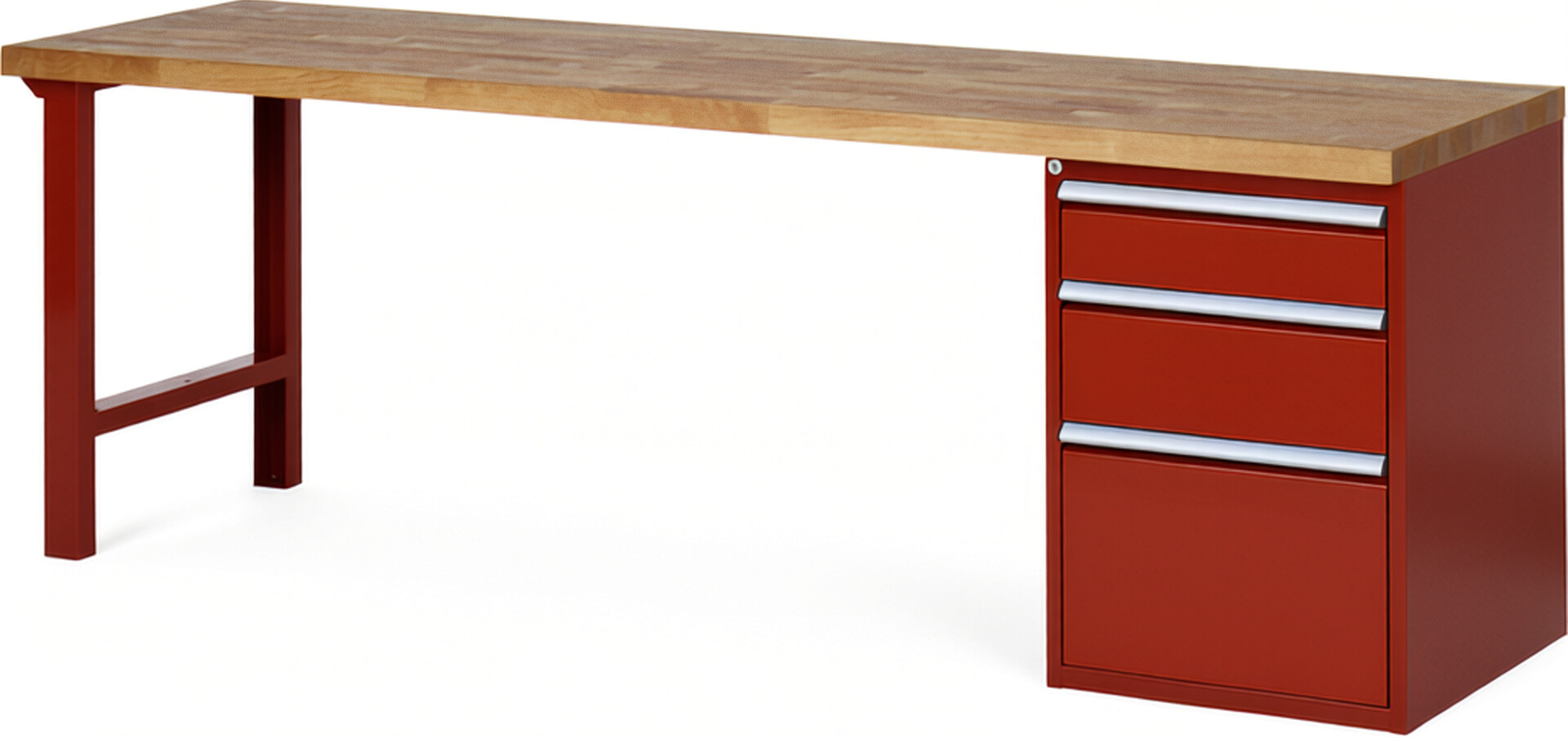 RAU Werkbank rot - Breite 250 cm - Tiefe 70 cm - Höhe 89 cm - Buche-Massiv Arbeitsplatte 40 mm