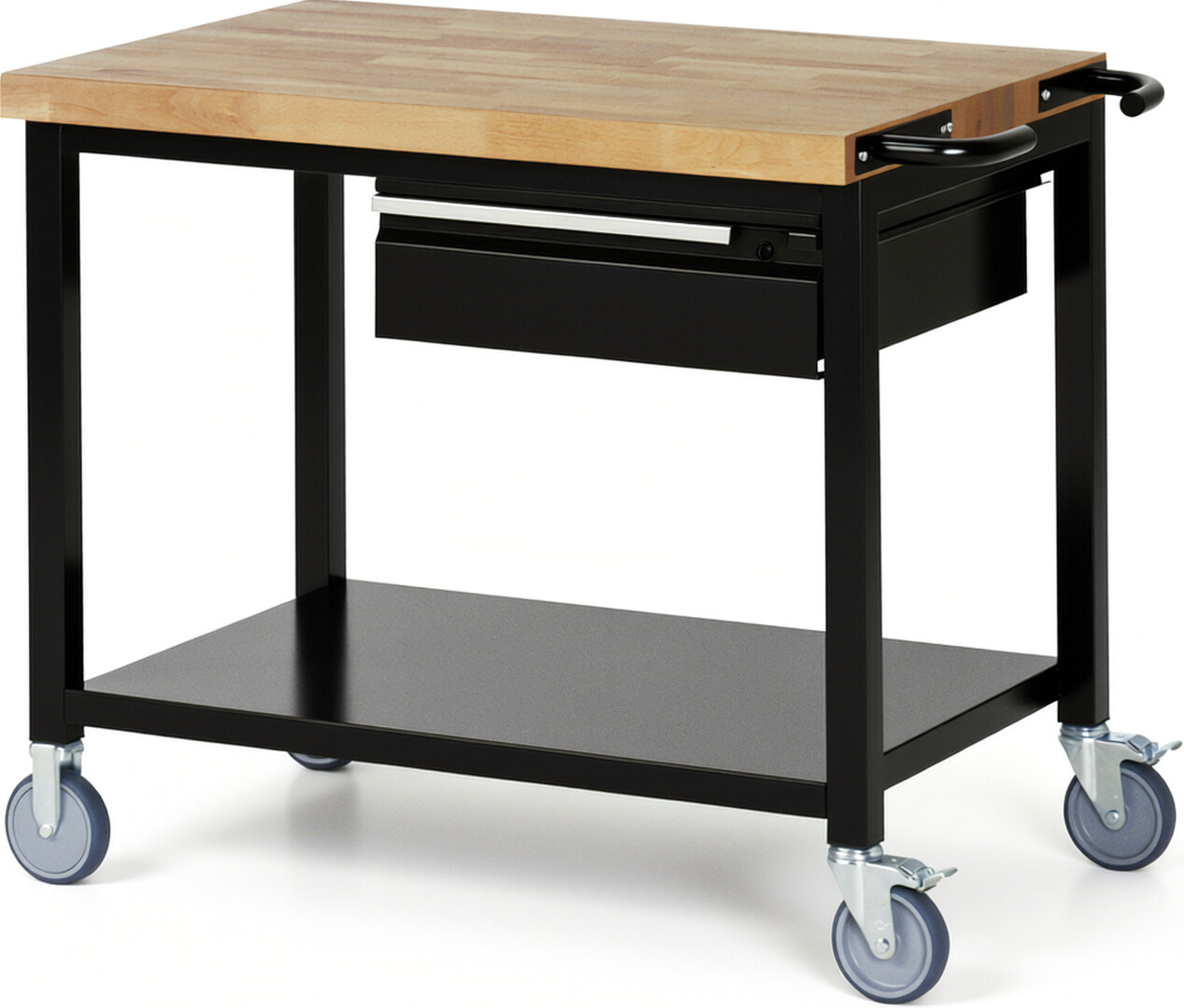 Fahrbare Werkbank - Modell 8001 BASIC schwarz, BxTxH 1000x700x880 mm,  Buche-Massiv Arbeitsplatte 40 mm,  1 Schublade mit  Auszug 90 %