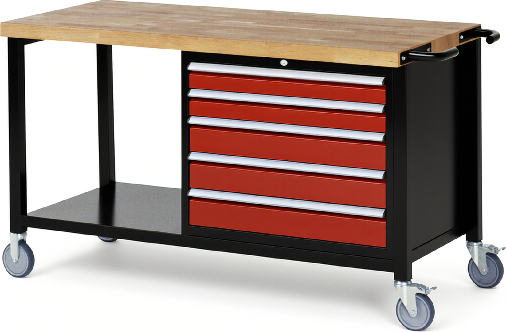 RAU Werkbank schwarz - rot - Breite 150 cm - Tiefe 70 cm - Höhe 88 cm - Buche-Massiv Arbeitsplatte 40 mm