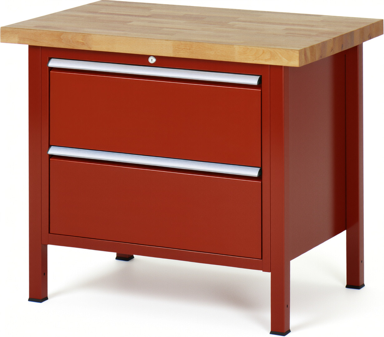 Werkbank Modell 8255 rot, BxTxH 1000x700x840 mm,  Buche-Massiv Arbeitsplatte 40 mm,  2 Schubladen mit  Auszug 90 %