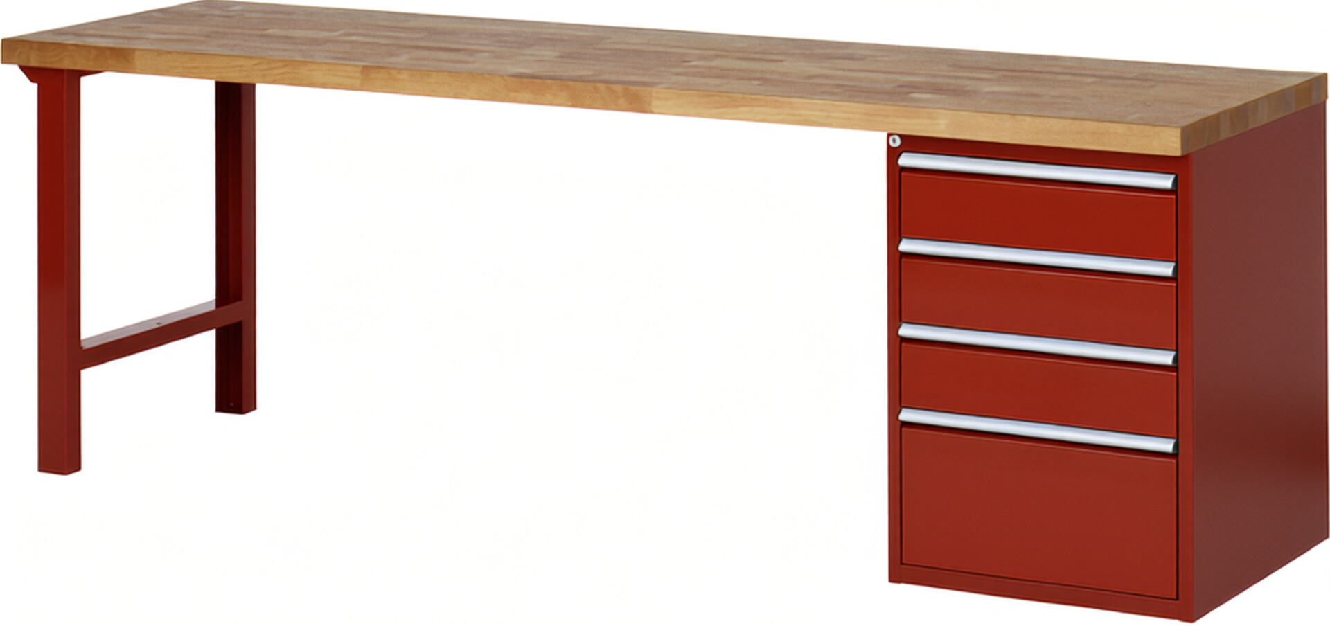 RAU Werkbank rot - Breite 250 cm - Tiefe 70 cm - Höhe 89 cm - Buche-Massiv Arbeitsplatte 40 mm