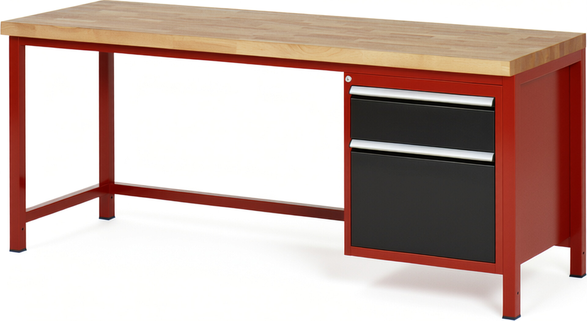 Werkbank Modell 8156 rot - schwarz, BxTxH 2000x700x840-1040 mm,  Buche-Massiv Arbeitsplatte 40 mm,  2 Schubladen mit  Vollauszug 100 % und  SoftClosing
