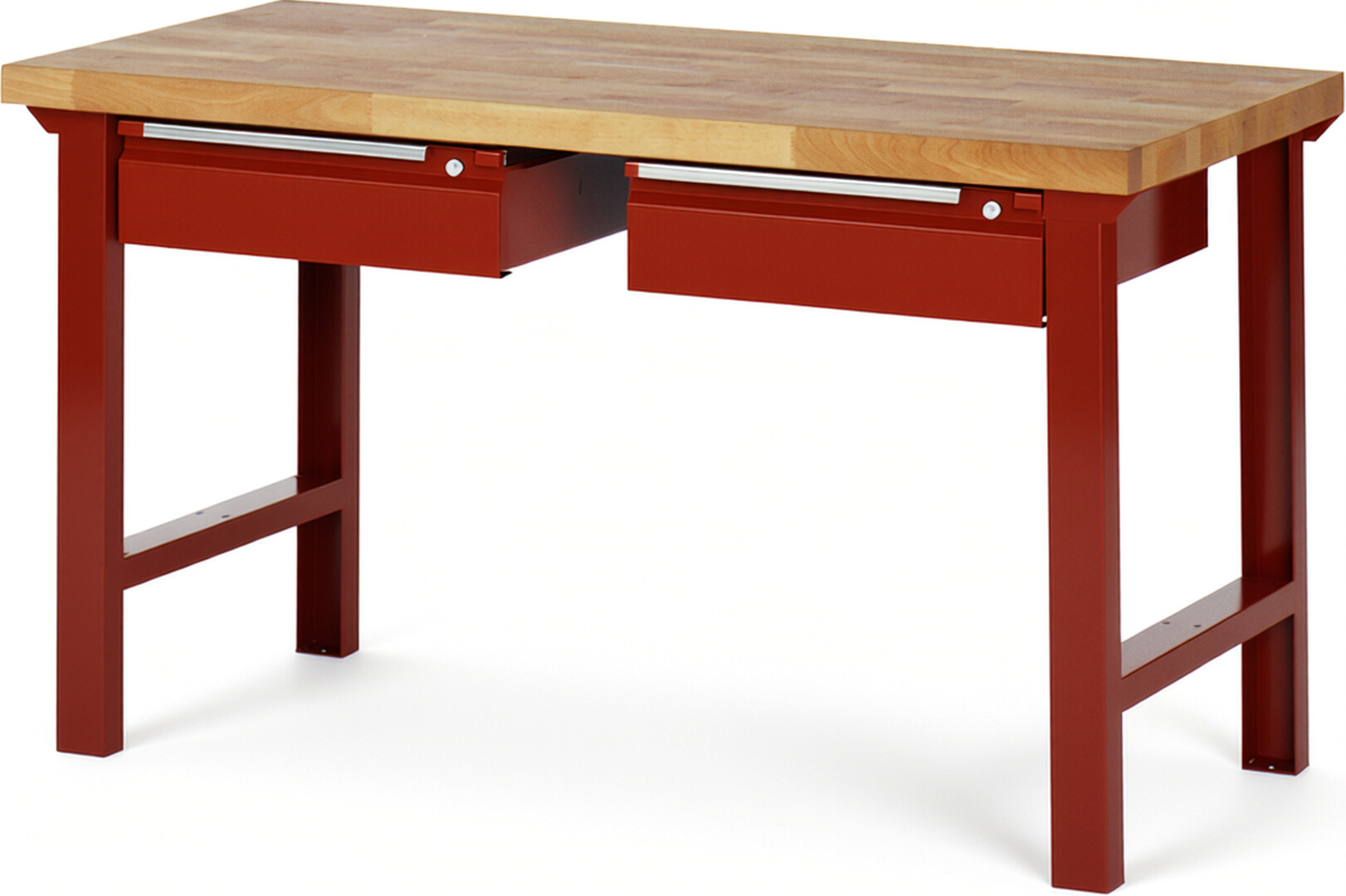 Werkbank - Modell 7002 BASIC rot, BxTxH 1500x700x840 mm,  Buche-Massiv Arbeitsplatte 40 mm,  2 Schubladen mit  Auszug 90 %