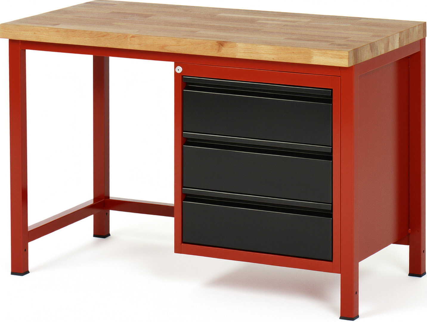 Werkbank rot - schwarz, BxTxH 1250x700x840-1040 mm, Platte Buche 40 mm, 6 Schubladen: 3x90 mm, 3x150 mm, RAL 3000/9011