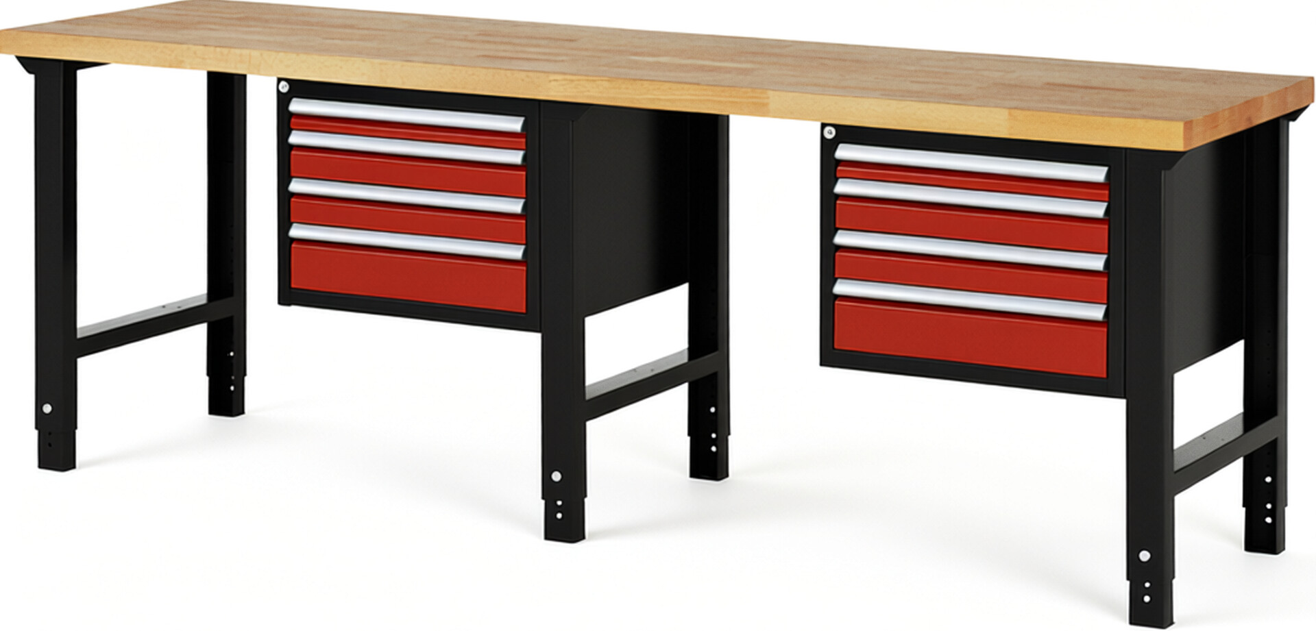 RAU Werkbank schwarz - rot - Breite 250 cm - Tiefe 70 cm - Höhe 114 cm - Buche-Massiv Arbeitsplatte 40 mm