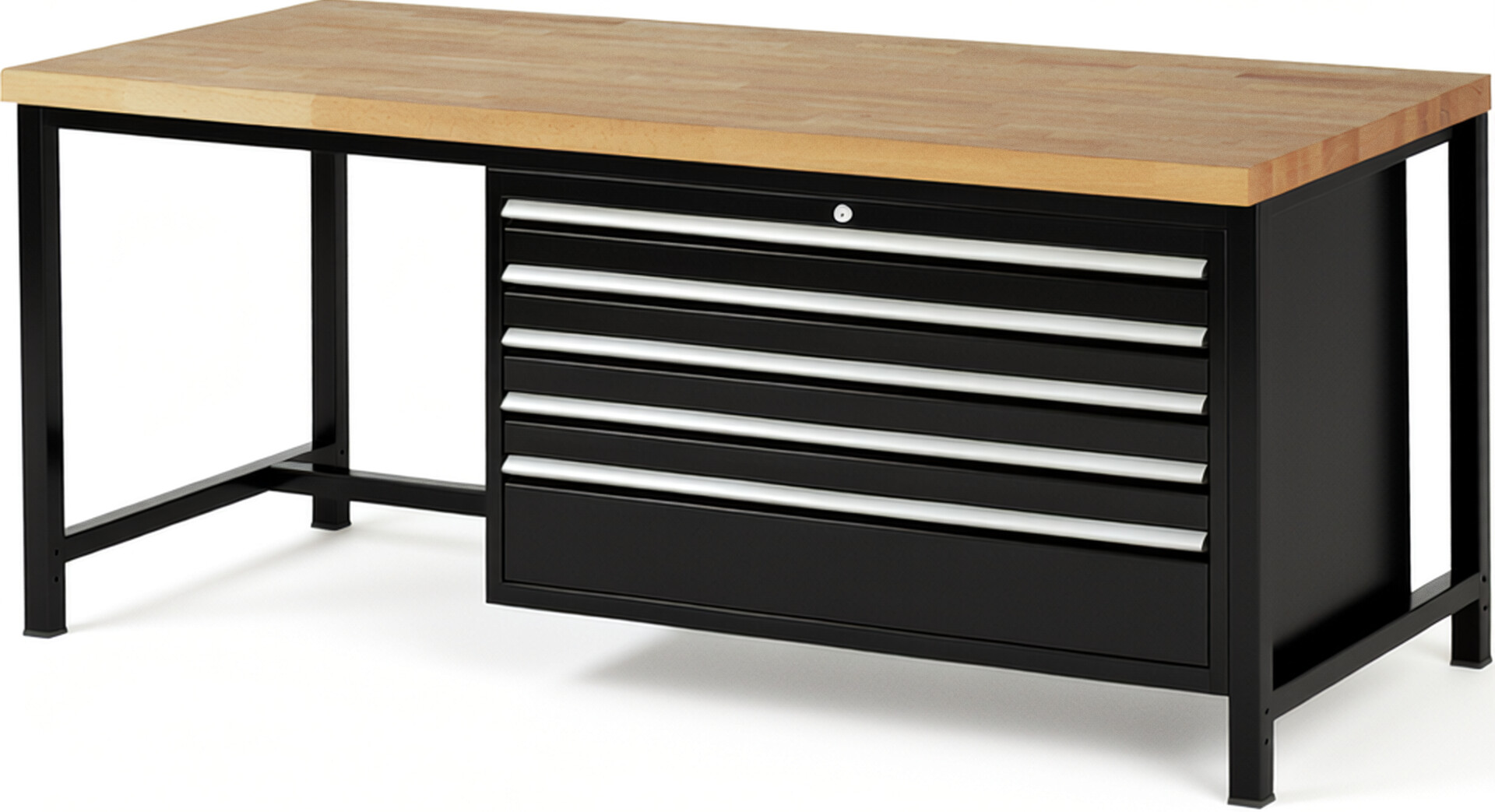 Werkbank Modell 8368 schwarz, BxTxH 2000x900x840-1040 mm,  Buche-Massiv Arbeitsplatte 40 mm,  5 Schubladen mit  Auszug 90 %