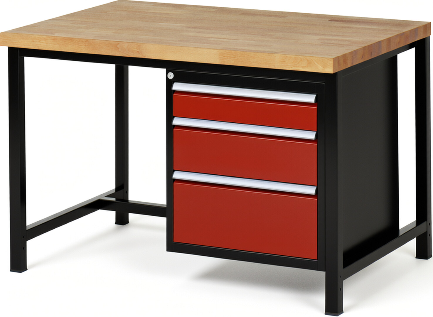 Werkbank Modell 8159 schwarz-rot, BxTxH 1250x900x840-1040 mm,  Buche-Massiv Arbeitsplatte 40 mm,  3 Schubladen mit  Vollauszug 100 % und  SoftClosing