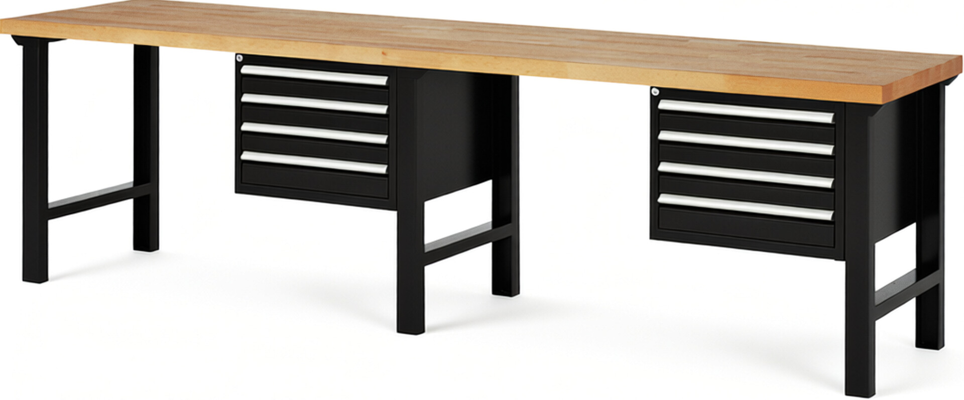 Werkbank Modell 7133 schwarz, BxTxH 3000x700x840 mm,  Buche-Massiv Arbeitsplatte 40 mm,  8 Schubladen mit  Auszug 90 %