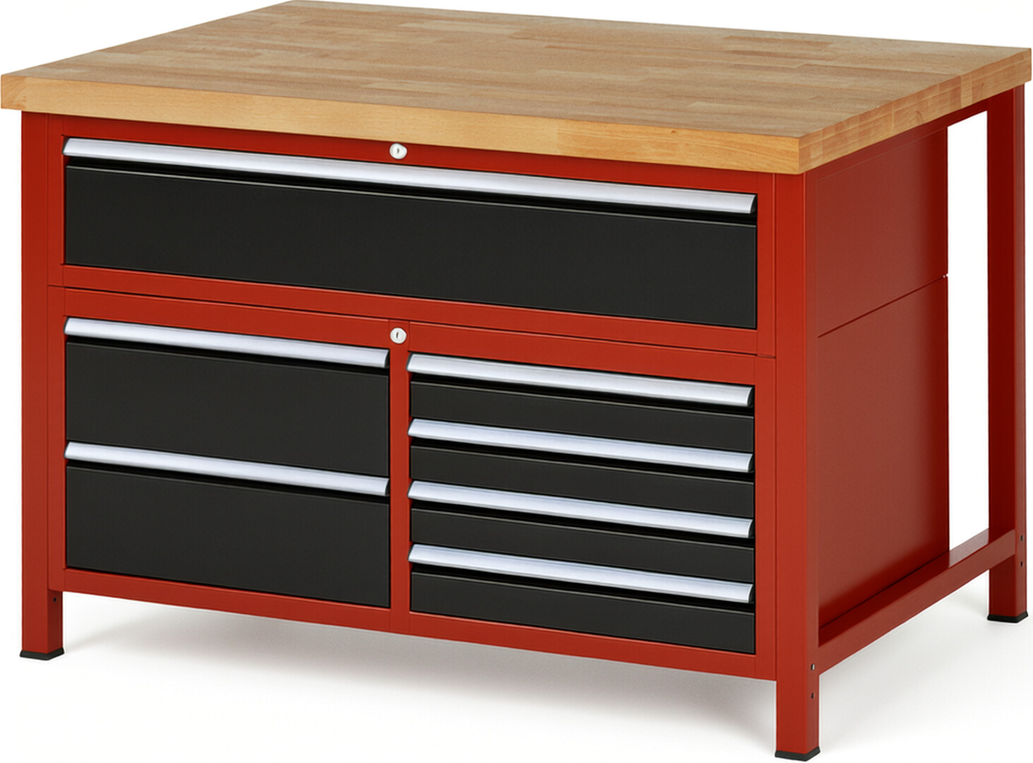 Werkbank Modell 8921 rot - schwarz, BxTxH 1250x900x840 mm,  Buche-Massiv Arbeitsplatte 40 mm,  7 Schubladen mit  Auszug 90 %