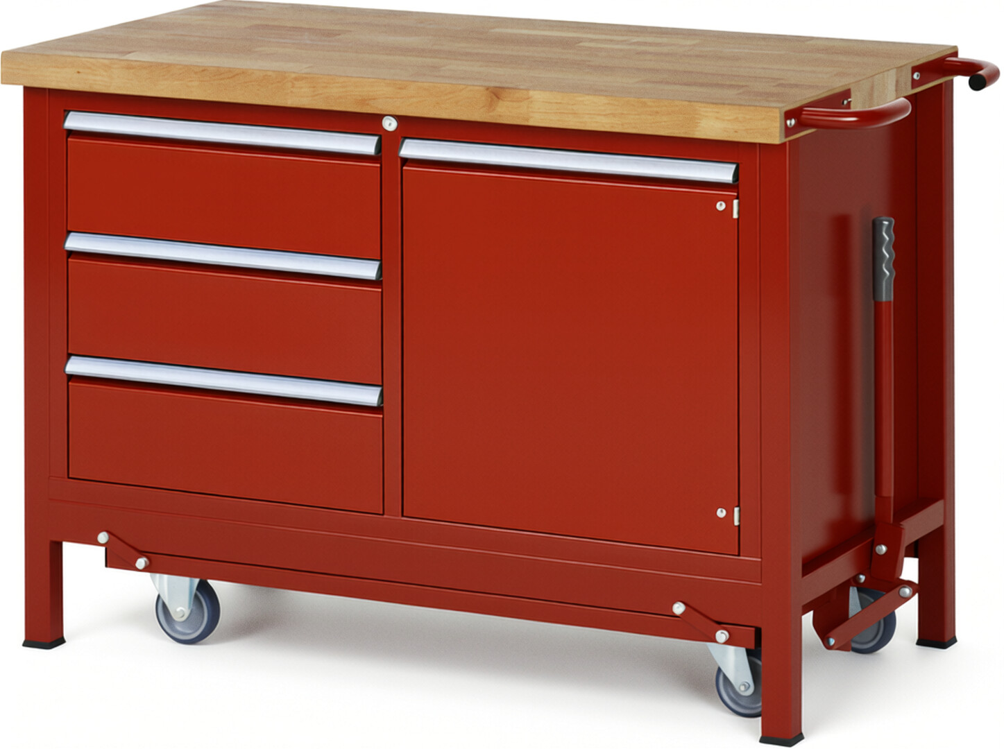 Absenkbare Werkbank Modell 8468 rot, BxTxH 1250x700x880 mm,  Buche-Massiv Arbeitsplatte 40 mm,  3 Schubladen mit  Auszug 90 %