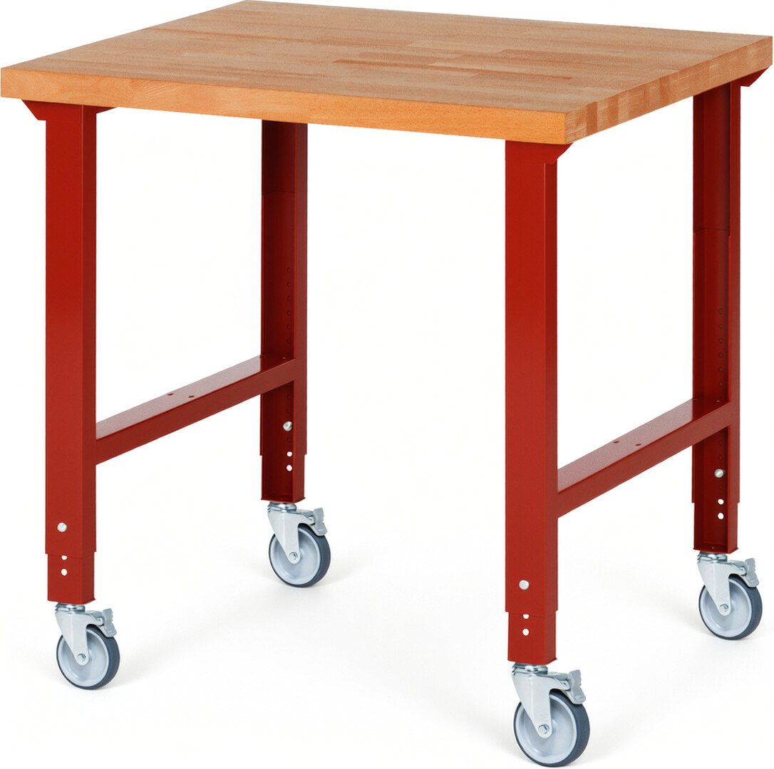 Fahrbare Werkbank Modell 7000 rot, BxTxH 1000x900x950-1000 mm,  Buche-Massiv Arbeitsplatte 40 mm
