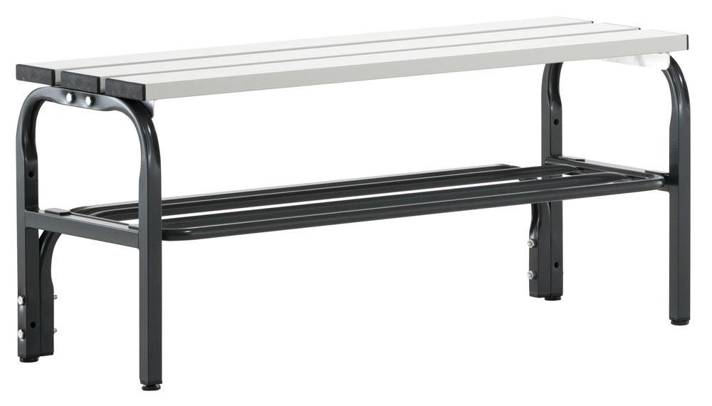 Garderobenbank, Sitzbank mit Aluleisten, mit Schuhrost, Stahl/Alu, TxH 350x450 mm, Länge 1015 mm, RAL 7016