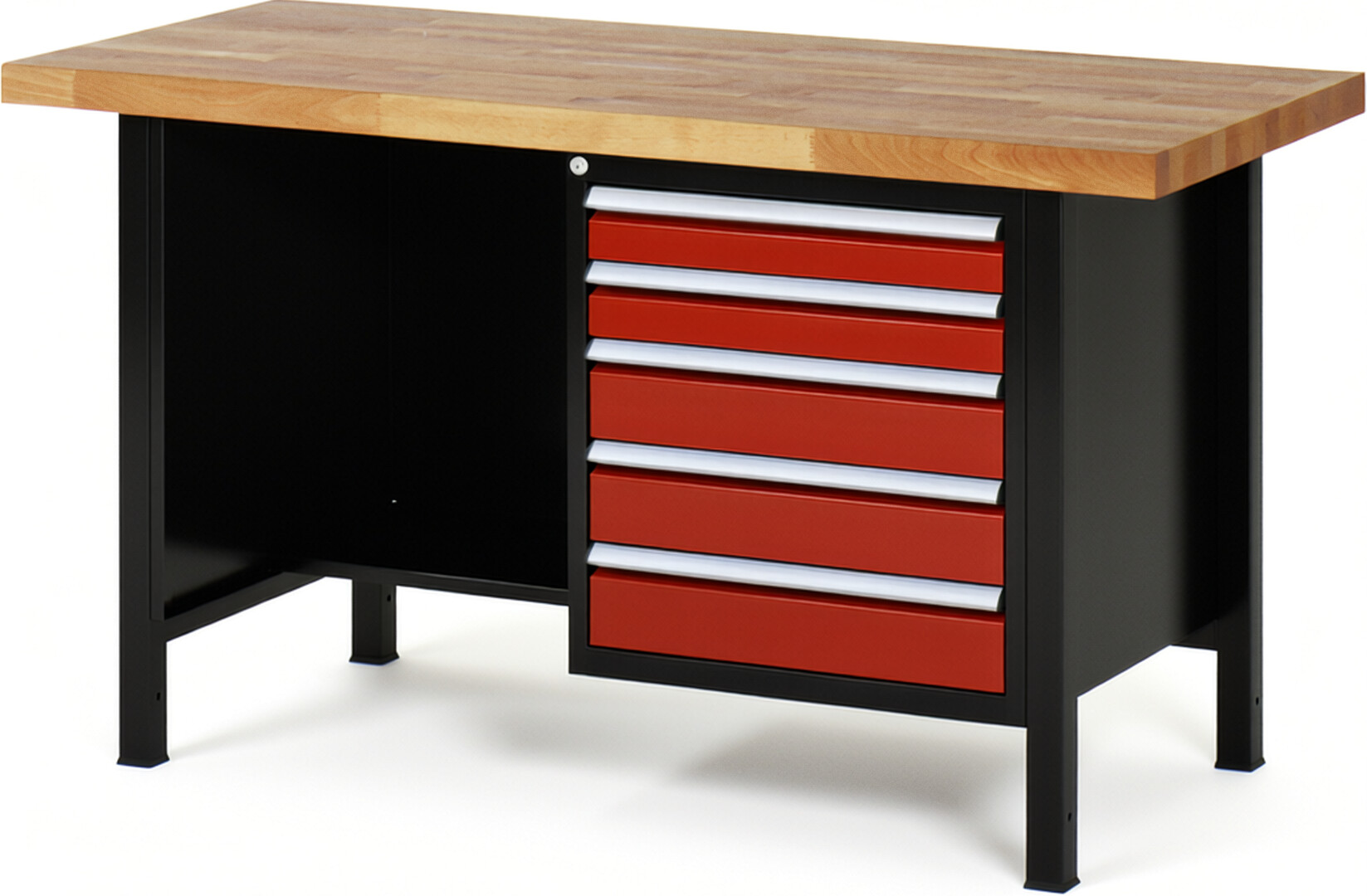 RAU Werkbank schwarz - rot - Breite 150 cm - Tiefe 70 cm - Höhe 104 cm - Buche-Massiv Arbeitsplatte 40 mm