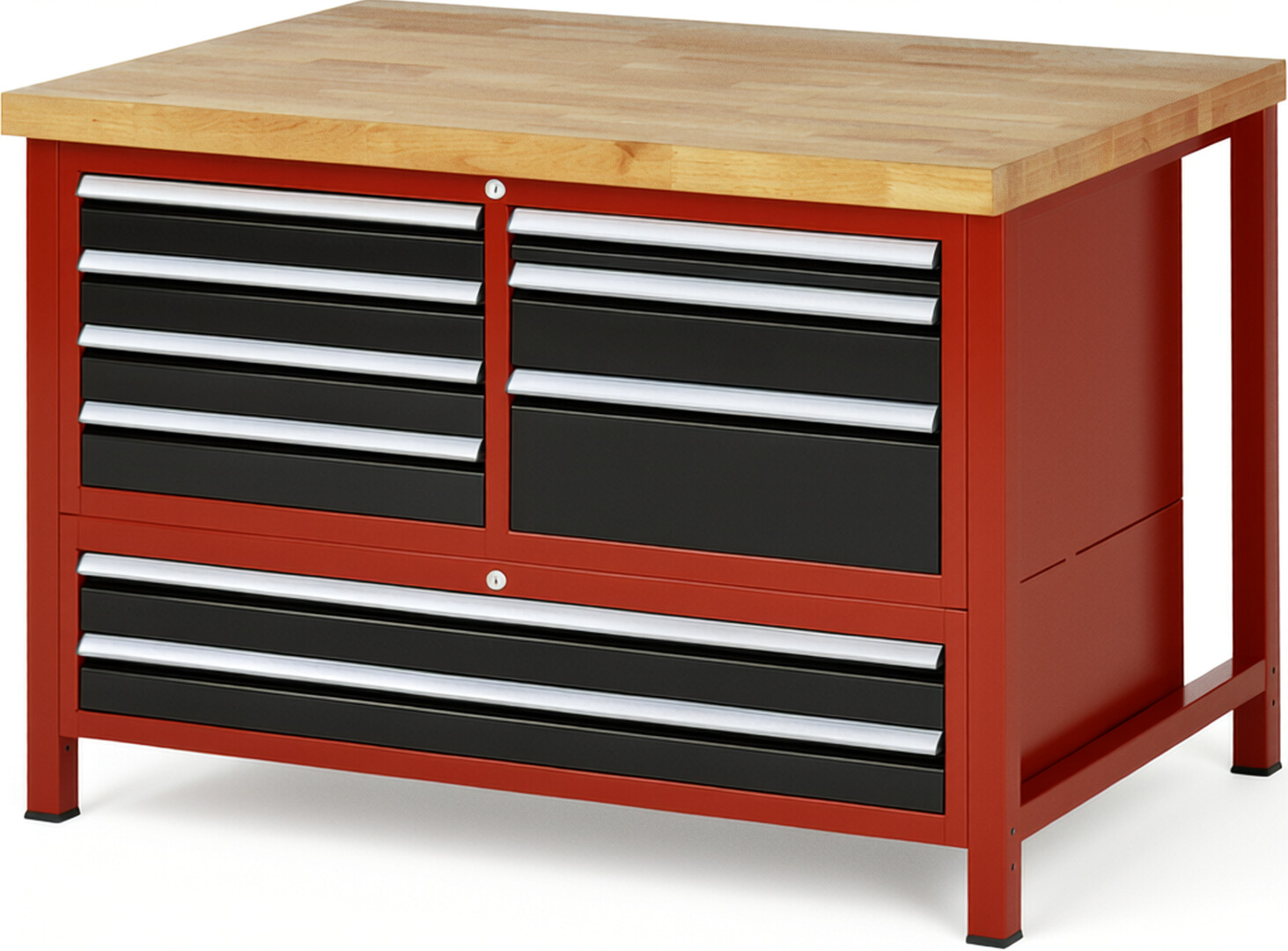 Werkbank Modell 8933 rot - schwarz, BxTxH 1250x900x840-1040 mm,  Buche-Massiv Arbeitsplatte 40 mm,  9 Schubladen mit  Auszug 90 %