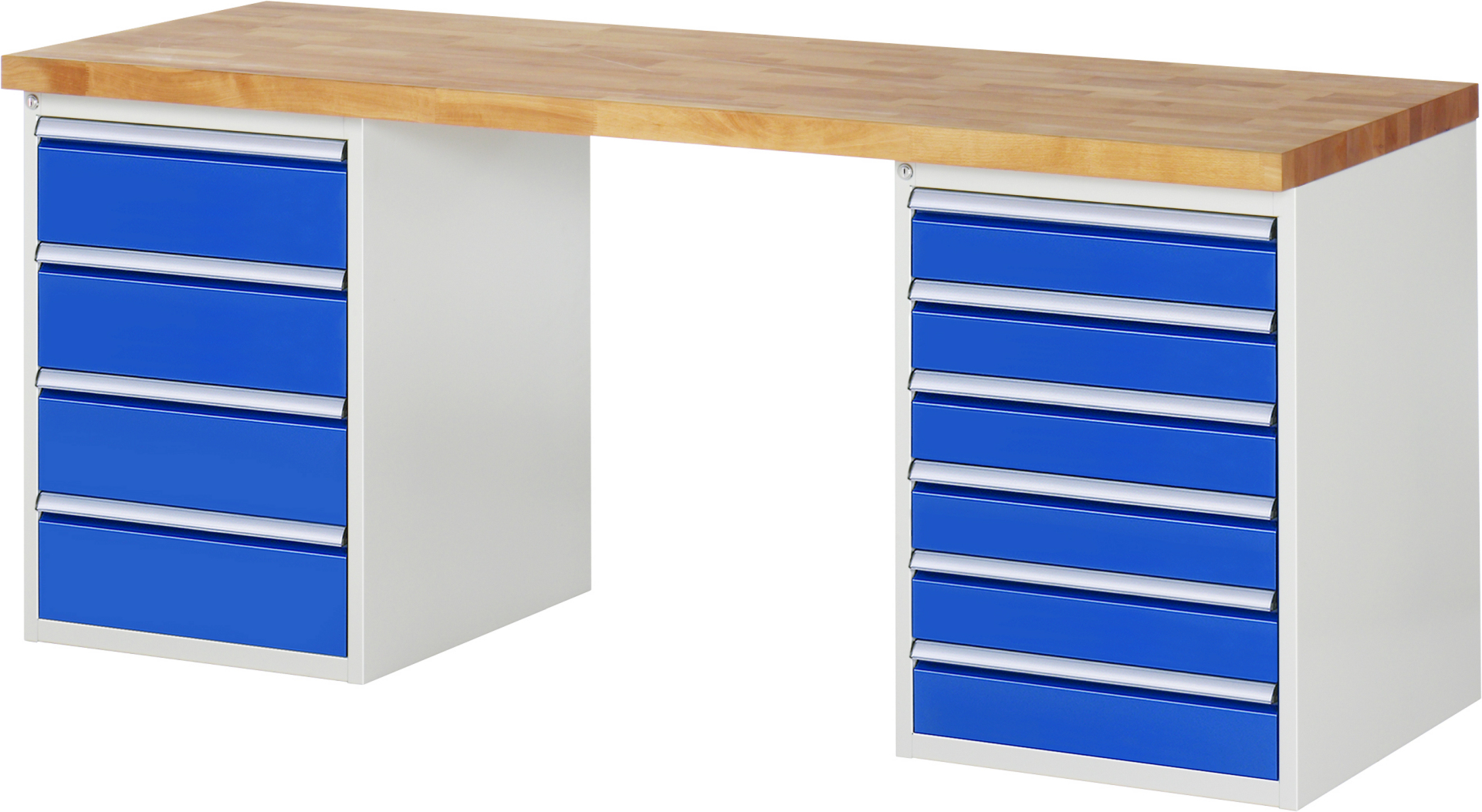 Werkbank Modell 7821 rot - schwarz, BxTxH 2000x700x890 mm,  Buche-Massiv Arbeitsplatte 40 mm,  10 Schubladen mit  Vollauszug 100 % und  SoftClosing