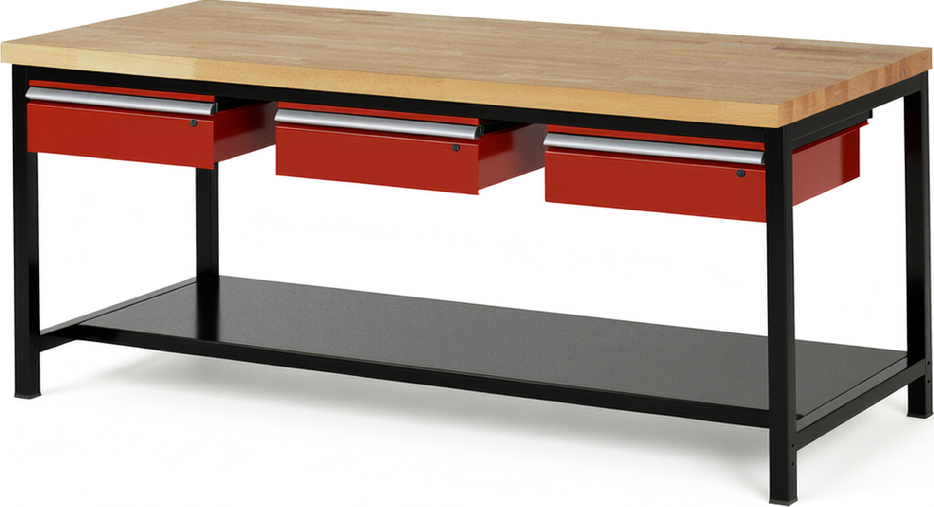 RAU Werkbank schwarz - rot - Breite 200 cm - Tiefe 90 cm - Höhe 104 cm - Buche-Massiv Arbeitsplatte 40 mm