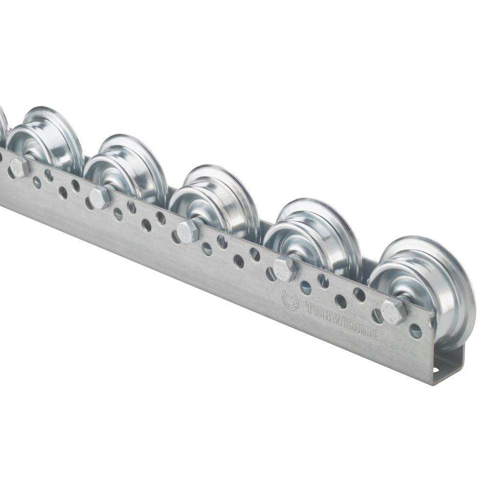 Universal-Rollenschiene, Profil 44x28x44x2 mm, verzinkt, Stahlrollen mit Spurkranz + Kugell., Traglast 20 kg/Rolle, Bauhöhe 62 mm, Achsabstand 100 mm