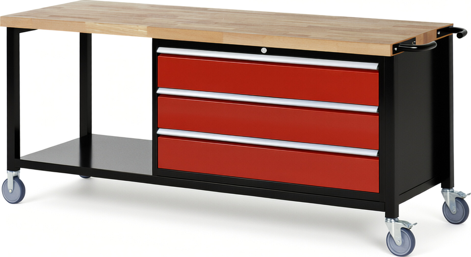 RAU Werkbank schwarz - rot - Breite 200 cm - Tiefe 70 cm - Höhe 108 cm - Buche-Massiv Arbeitsplatte 40 mm