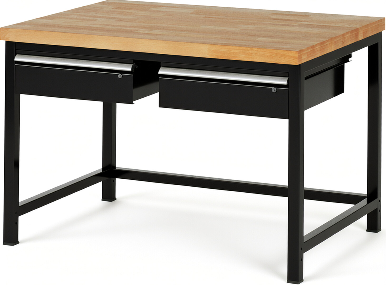 Werkbank Modell 8002 schwarz, BxTxH 1250x900x840-1040 mm,  Buche-Massiv Arbeitsplatte 40 mm,  2 Schubladen mit  Auszug 90 %