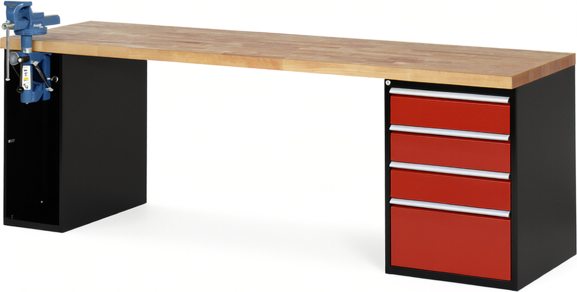 RAU Werkbank schwarz - rot - Breite 250 cm - Tiefe 70 cm - Höhe 89 cm - Buche-Massiv Arbeitsplatte 40 mm