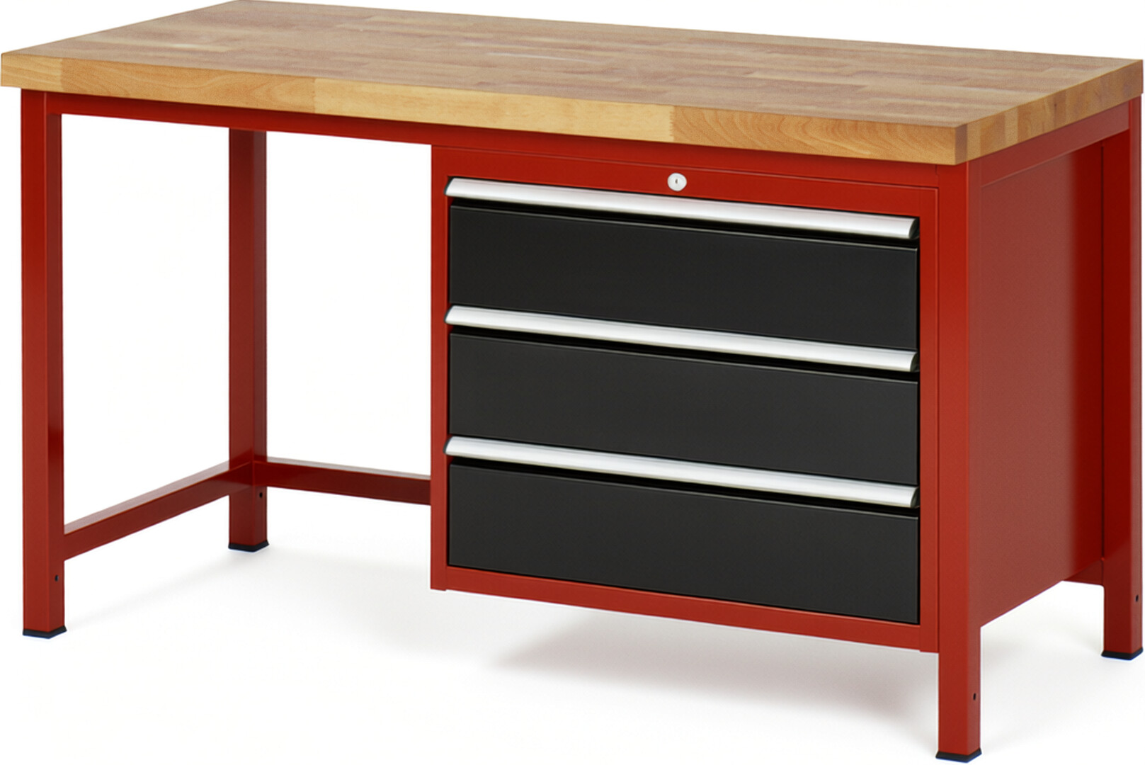 Werkbank Modell 8257 rot - schwarz, BxTxH 1500x700x840 mm,  Buche-Massiv Arbeitsplatte 40 mm,  3 Schubladen mit  Vollauszug 100 % und  SoftClosing
