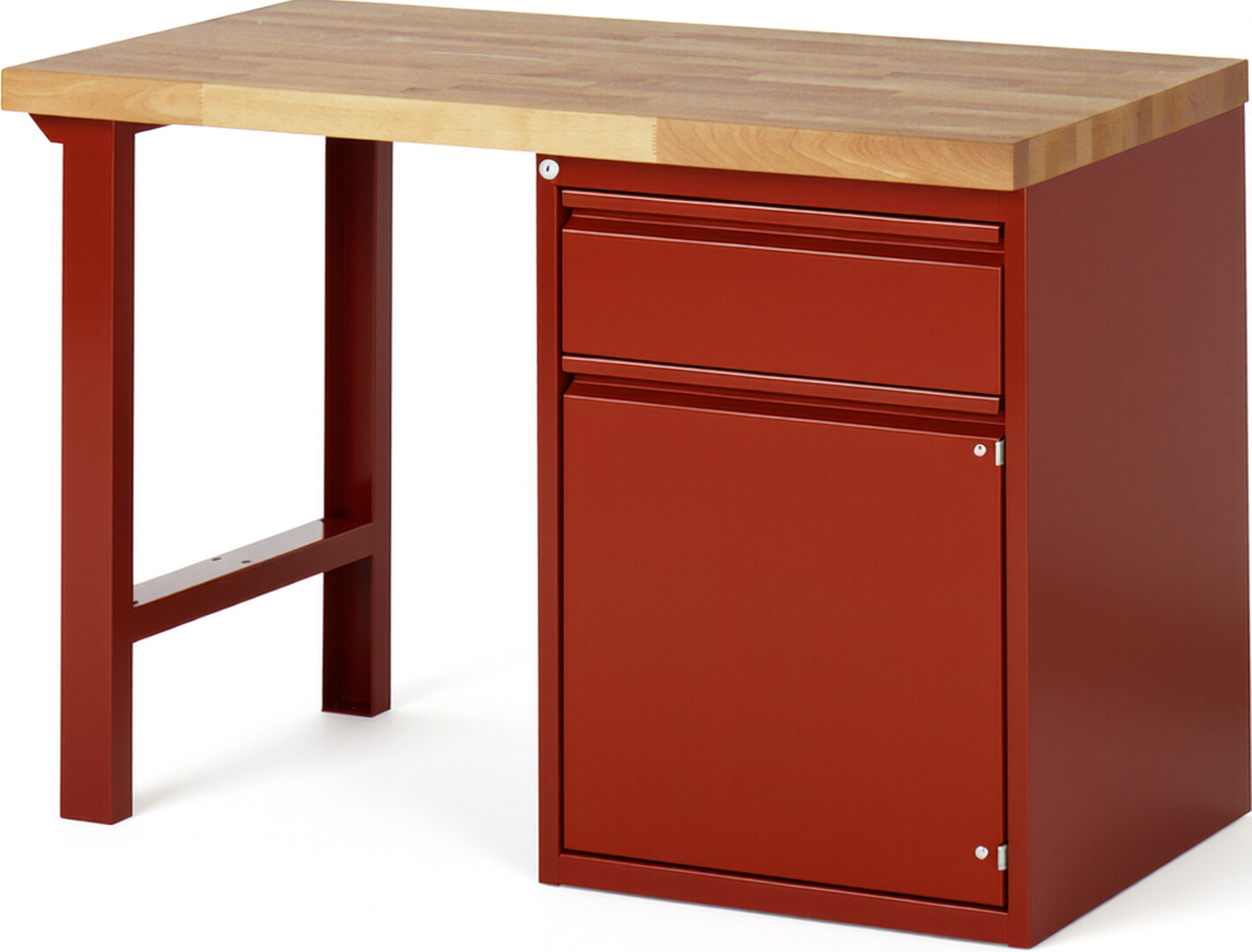 Werkbank rot, BxTxH1250xT700xH890 mm, Platte Buche 40 mm 40 mm, 1 Schublade 180 mm, 1 Tür 540 mm, 1 Fachboden, RAL 3000/3000