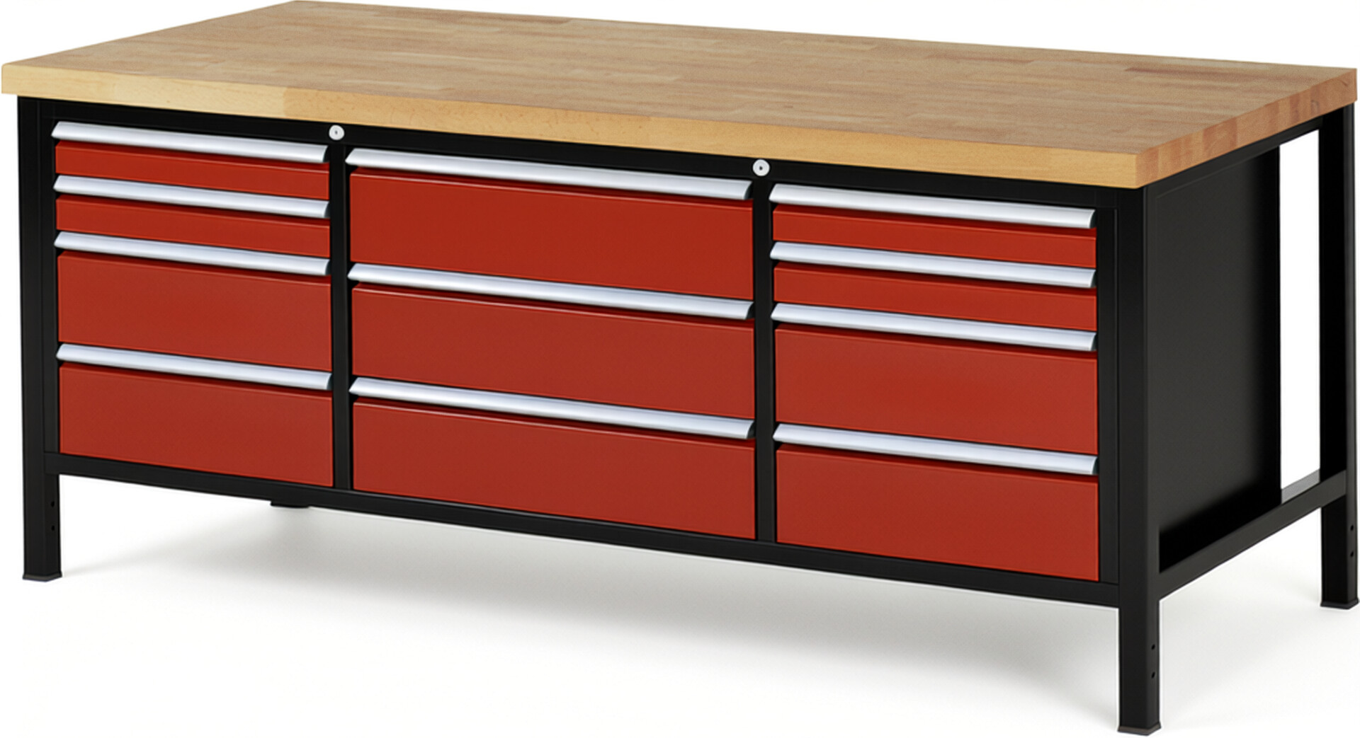 RAU Werkbank schwarz - rot - Breite 200 cm - Tiefe 90 cm - Höhe 104 cm - Buche-Massiv Arbeitsplatte 40 mm