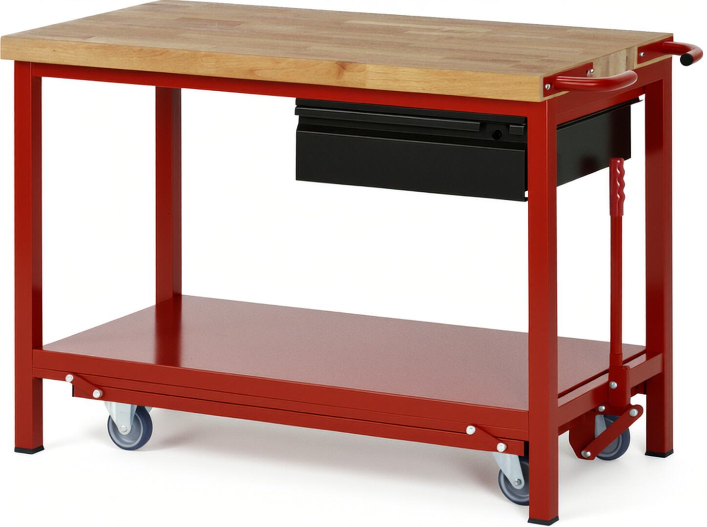 Absenkbare Werkbank - Modell 8001 BASIC rot - schwarz, BxTxH 1250x700x880 mm,  Buche-Massiv Arbeitsplatte 40 mm,  1 Schublade mit  Auszug 90 %