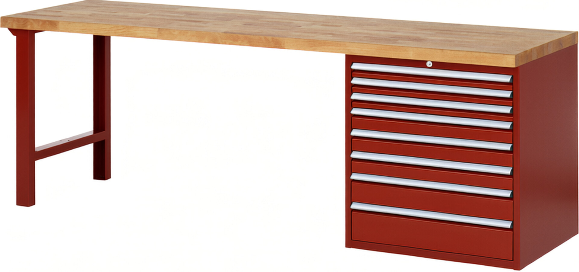 RAU Werkbank rot - Breite 250 cm - Tiefe 70 cm - Höhe 84 cm - Buche-Massiv Arbeitsplatte 40 mm