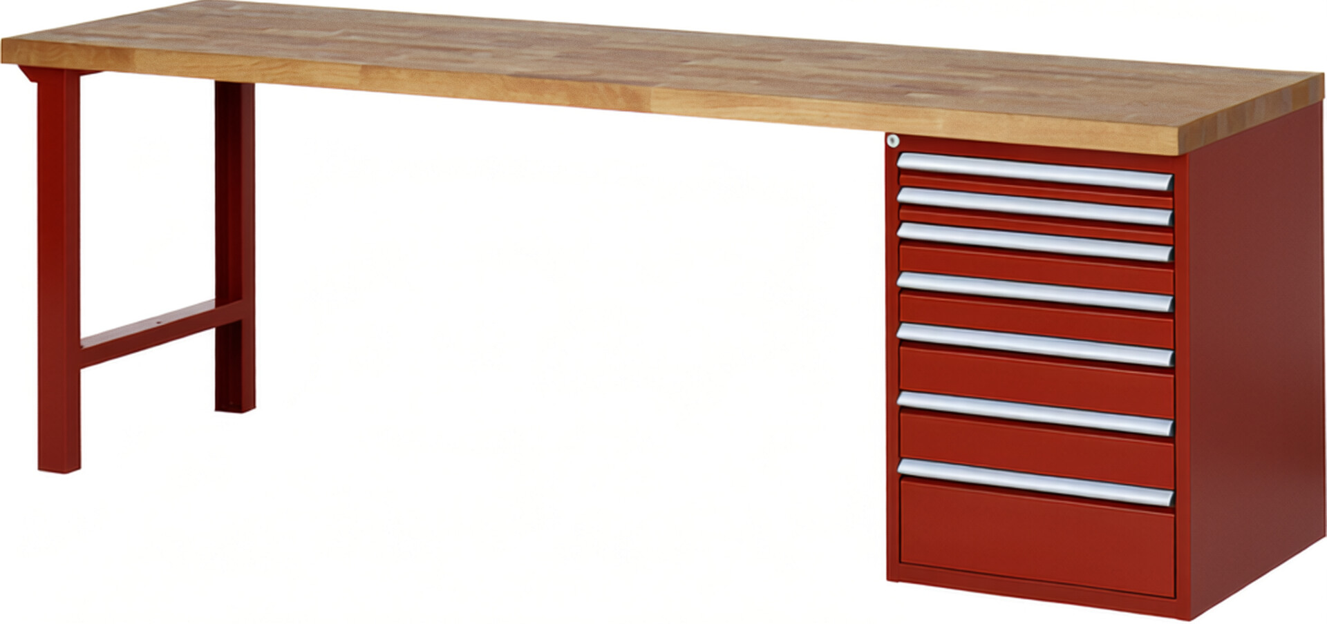 RAU Werkbank rot - Breite 250 cm - Tiefe 70 cm - Höhe 89 cm - Buche-Massiv Arbeitsplatte 40 mm