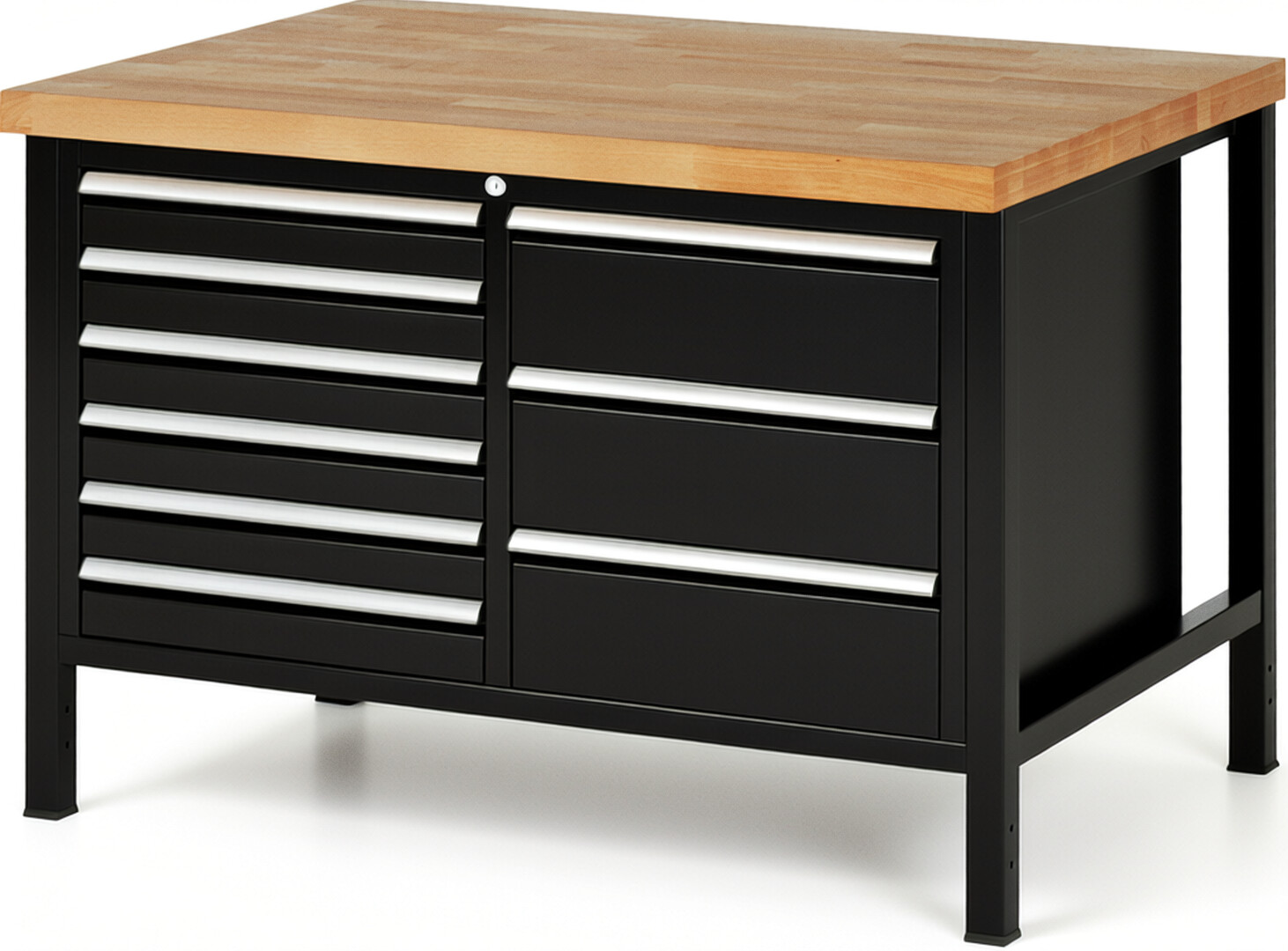 Werkbank Modell 8479 schwarz, BxTxH 1250x900x840 mm,  Buche-Massiv Arbeitsplatte 40 mm,  9 Schubladen mit  Auszug 90 %