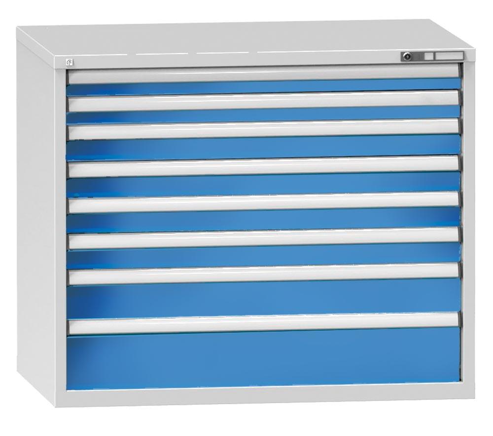 Schubladenschrank, 8 Schubladen: 2x75,4x100, 1x150,1x200 mm, BxTxH 1190x780x990 mm, RAL 7035/5012